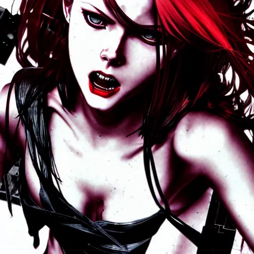 Image similar to style of yoji shinkawa : : gorgeous vampire amy adams : : sharp teeth fangs, open mouth sneer : : symmetrical face, symmetrical eyes : : gorgeous red hair : : magic lighting, low spacial lighting : :