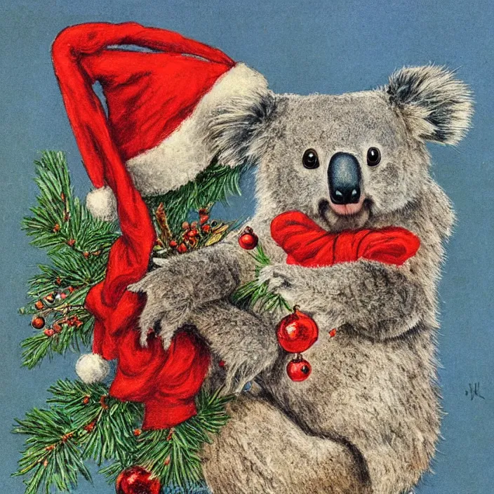 Prompt: a cute koala wearing a christmas hat by louis wain