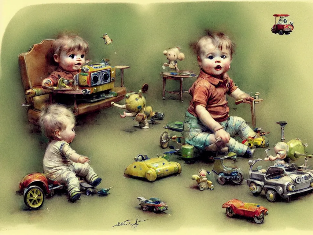 Image similar to toddler ( ( ( ( ( 1 9 5 0 retro future living room. muted colors. toys laying around ) ) ) ) ) by jean baptiste monge, chrome green