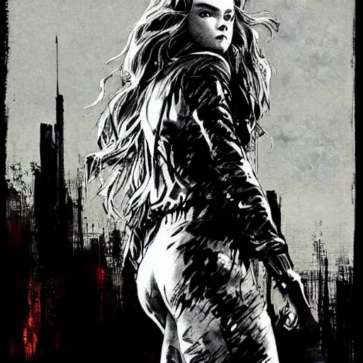 Image similar to ink illustration of Elle Fanning in the world of Fallout and Bruce Pennington, head and shoulders masterpiece, apocalypse, golden hour, cosmic horror, artstation, in the style of Yoji Shinkawa, extremely detailed