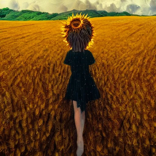 Image similar to huge sunflower head, girl walking in wheat field, hills, surreal photography, dark night, star trails, dramatic light, impressionist painting, clouds, digital painting, artstation, simon stalenhag