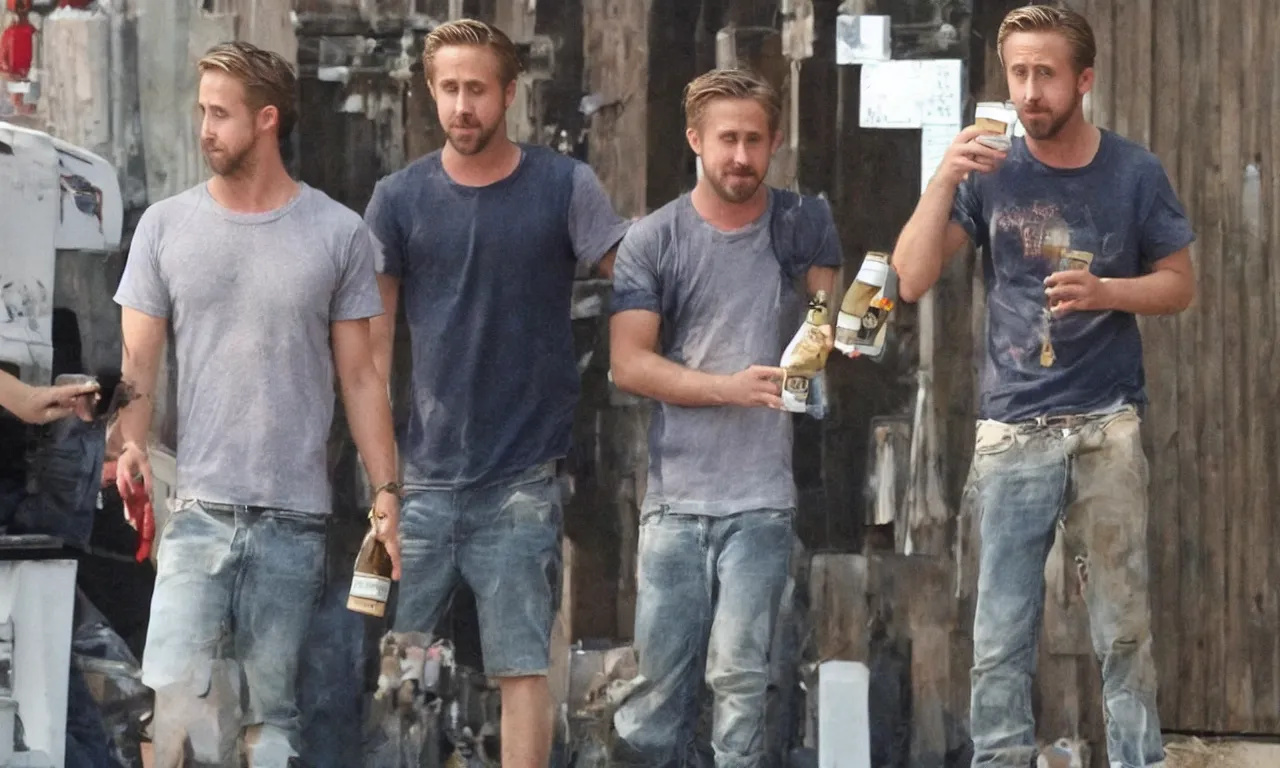 Prompt: Ryan Gosling drinks beer with Jesus