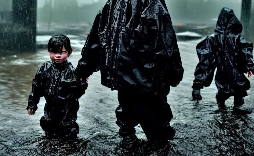 Prompt: cinestill 5 0 d candid photographic portrait by helen levitt of two child androids wearing rugged black mesh techwear in treacherous waters, extreme closeup, modern cyberpunk moody depressing cinematic, pouring rain, 8 k, hd, high resolution, 3 5 mm, f / 3 2, ultra realistic faces, ex machina