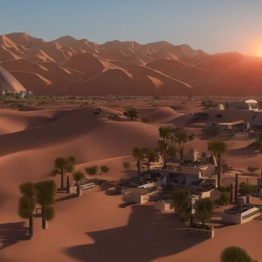 Image similar to a village in the desert, white houses, two suns, star wars style