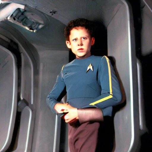 Prompt: young starfleet ensign working in the engine room, star trek, ds9