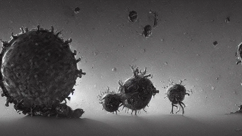 Image similar to a beautiful microscopic scientific photo of a coronavirus and a strange life form seen through an electron microscope, dark, sinister, detailed, art by Greg Rutkowski