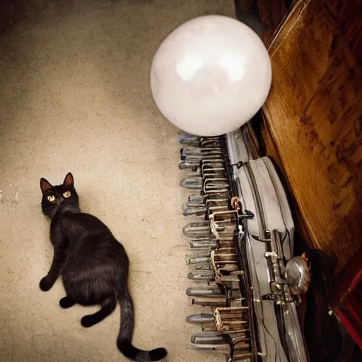 Image similar to a full body protrait beautifull witch with white hair in old room. A cristal ball on a wood table with a potions and old instruments. A cat on the floor licking his paw. photorealistic, profesional photo, by Steve McCurry