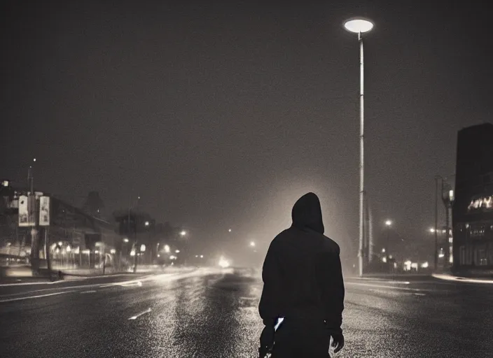 Prompt: boy from the back with a black hoodie, in the sky an illuminated angel stares at him, empty city street at night, heavy rain, cars parked, dramatic lighting, cinematic, establishing shot, extremly high detail, photorealistic, cinematic lighting, post processed