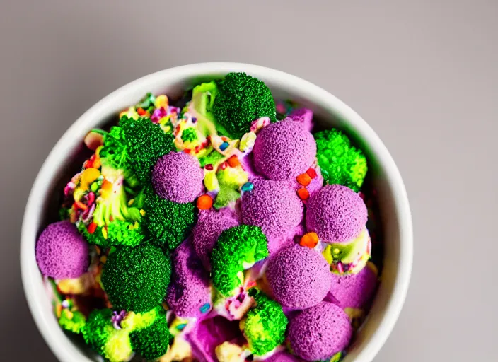 Image similar to food photo still of soft serve swirled frozen yogurt topped with broccoli and rainbow sprinkles, 8 5 mm f 1. 8 studio lighting