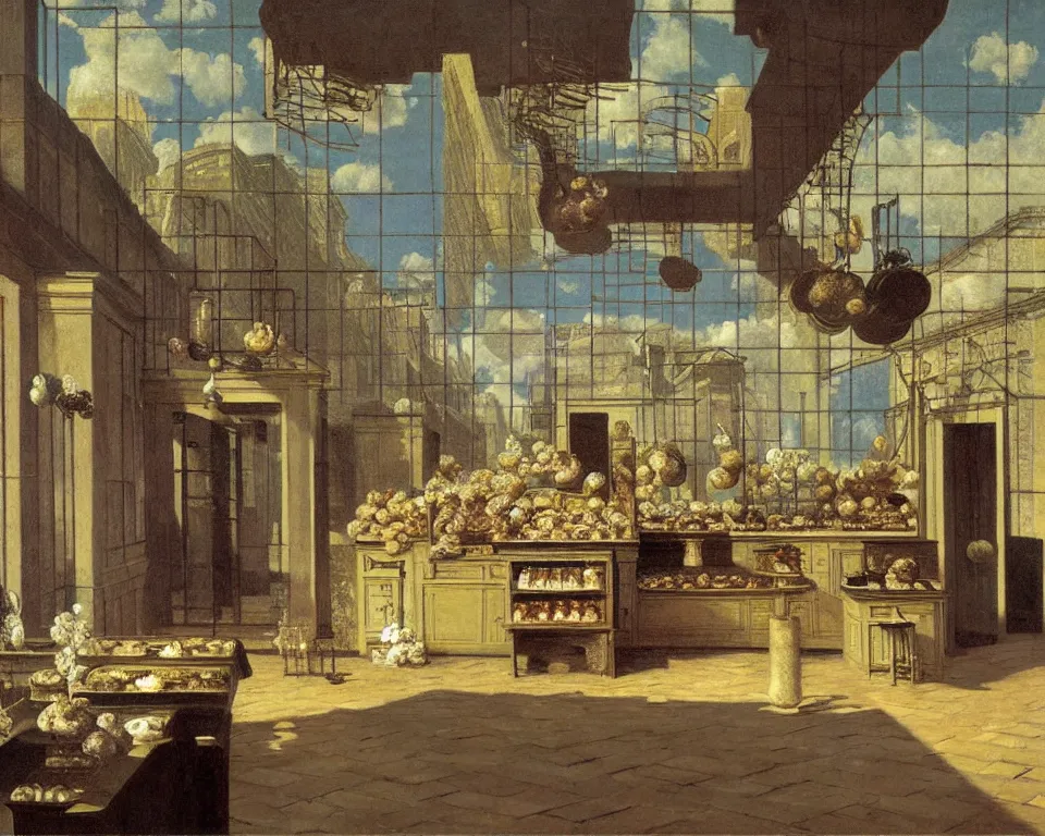 Prompt: achingly beautiful painting of a sophisticated, well - decorated bakery kitchen on a warm background by rene magritte, monet, and turner. giovanni battista piranesi.