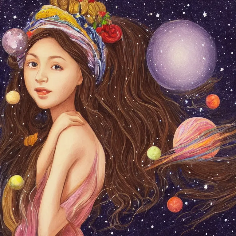 Prompt: a beautiful portrait of a singular inspirit girl on whose head a space and cosmic places like ganache, planets like a whipped frosting or filling made with semisweet chocolate and cream, used for cakes, pastries, and candies, highly detailed, fantasy art, art work