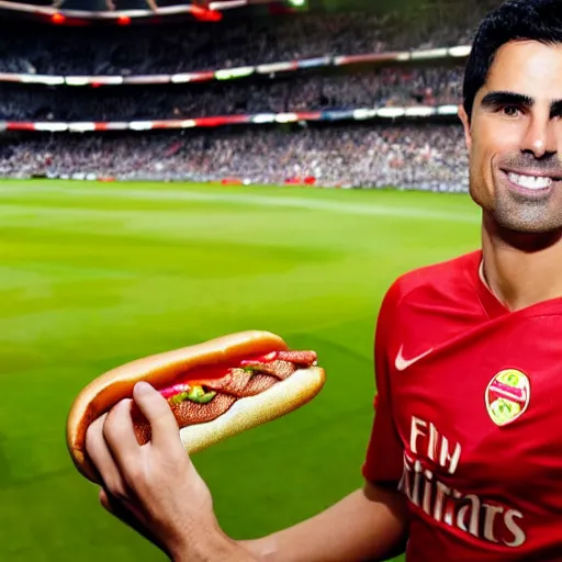 Image similar to a promo portrait of mikel arteta holding a delicious hot dog with mustard and ketchup up to the camera, happy, hyper detailed, fisheye lense, reuters