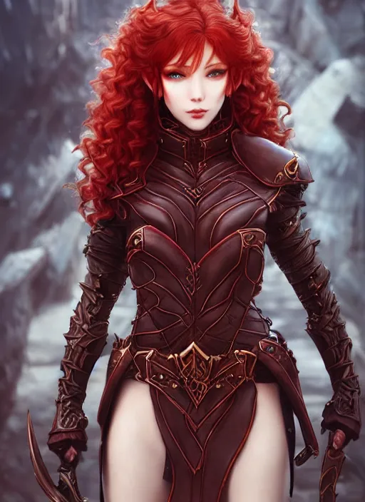 Image similar to leather armor!!! beautiful and elegant curly red hair female elf!! gorgeous ayes!! character concept art, sharp focus, octane render! unreal engine 5! highly rendered!! trending on artstation!! detailed linework!! illustration by artgerm, wlop, and chie yoshii