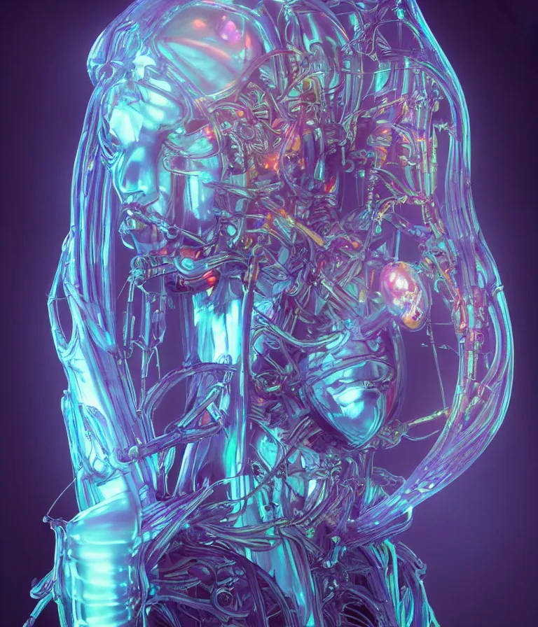 Image similar to fully symmetrical centered iridescent portrait of a beautiful princess in robe. artificial muscles, ribcage, bones, hard surface modelling. cyberpunk look. biomechanical mask. bio luminescent biomechanical halo around head. neon jellyfish. artwork by jarold Sng by artgerm, by Eddie Mendoza, by Peter mohrbacher by tooth wu, unreal engine, octane render, cinematic light, high details, iridescent colors, dichroic, macro, depth of field, blur