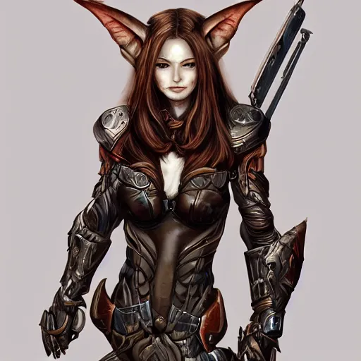 Image similar to portrait of a female elf orc by ayami kojima, she is about 2 0 years old, american pretty, copper hair, annoying but friendly, she is wearing a modern tactical gear, scifi, highly detailed portrait, digital painting, artstation, concept art, smooth, sharp foccus ilustration, artstation hq