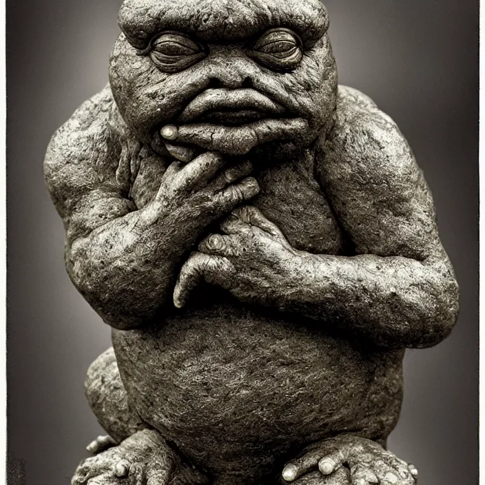 Image similar to toad philosopher The Thinker, swamp, by Auguste Rodin, symmetric, by Irving Penn, bokeh , top cinematic lighting , cinematic mood, very detailed, shot in canon, 8k ,