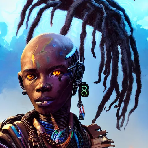 Image similar to a dark and ominous cyborg african child soldier with glowing eyes and dreadlocks, neon graffiti, Apex Legends character digital illustration portrait design, by android jones and greg rutkowski in a cyberpunk voodoo style, retrowave color scheme, detailed, cinematic lighting, wide angle action dynamic portrait