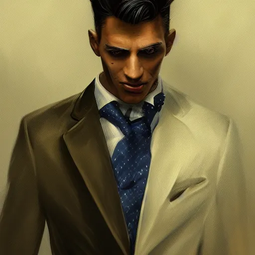 Prompt: a painting of a man in a coat and tie, an ultrafine detailed painting by Kaja Foglio, cgsociety, shock art, 2d game art, quantum wavetracing, digital illustration