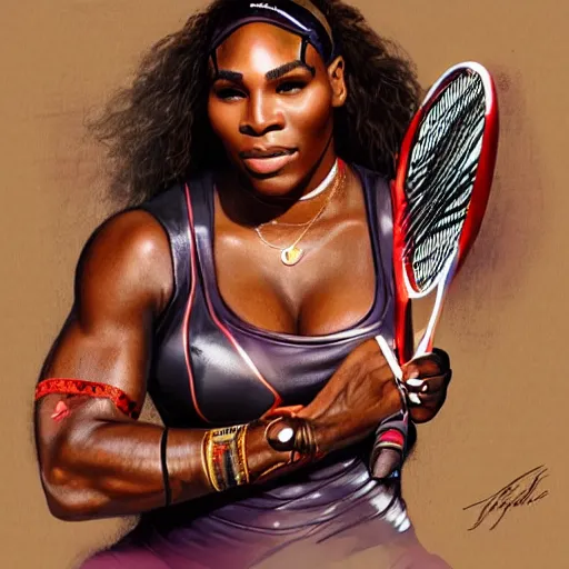 Image similar to portrait of Serena Williams as a warrior woman holding a racket, looking at camera, D&D, intricate, elegant, stylish, serious expression, fantasy, extremely detailed, digital painting, artstation, concept art, smooth, sharp focus, illustration, stunning lighting, art by artgerm and greg rutkowski and alphonse mucha and simon stalenhag.