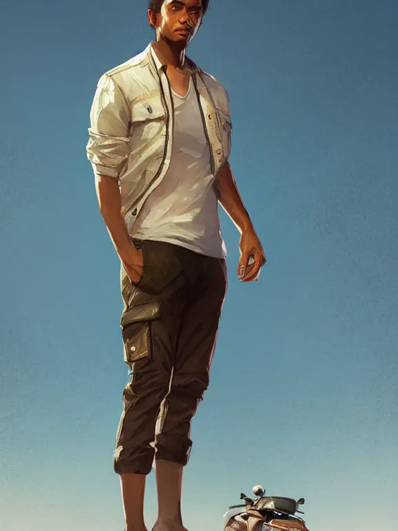 Image similar to portrait of a young man from grand theft auto 5 wearing a summer outfit, short brown hair, art by ryo shiotani and greg rutkowski, intricate, beautiful, cute, cinematic lighting, vintage art by serge ivanoff