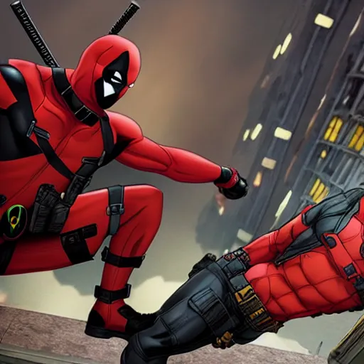 Image similar to deadpool and batman together 4 k detailed super realistic