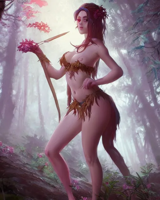 Prompt: A beautiful maid wearing a fairy bikini posing in a magical forest, bikini, hyper realistic beautiful face, fantasy art, in the style of greg rutkowski, illustration, epic, fantasy, intricate, hyper detailed, artstation, concept art, smooth, sharp focus