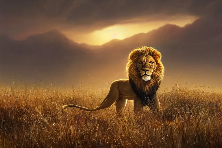Prompt: an male lion on the african plains, long grass, sparkling water, glistening, hyper realistic, hyper detailed, digital art, trending in artstation, cinematic lighting, studio quality, smooth render, unreal engine 5 rendered, octane rendered, by paul lehr