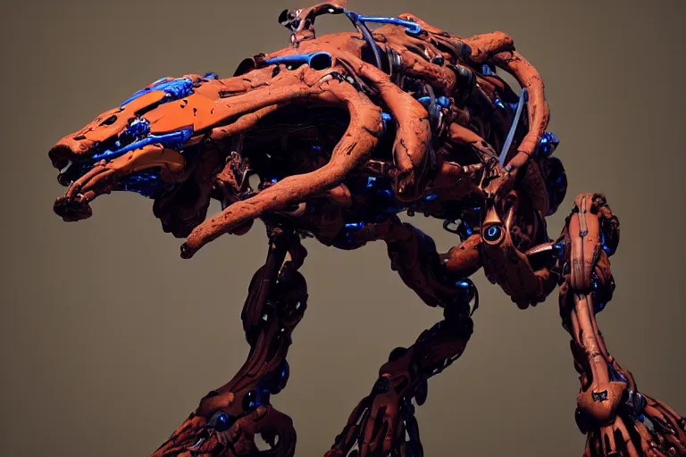 Prompt: portrait of a posed hyper detailed brown and ultramarine leaplasher evangelion realistic mechanical and fleshy organic creature similar look as horizon forbidden west horizon zero dawn bioluminiscence in a dark deep forest at dawn in spring, with reflection and textures, by kilian eng, substance painter reaslitic mech surface metal painted scratches