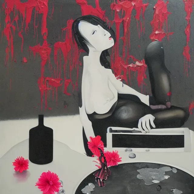 Prompt: empty room with black walls, sensual portrait of a woman, japanese vase, spilled flowers, puddle of water, octopus, squashed berries, neo - expressionism, surrealism, acrylic and spray paint and oilstick on canvas