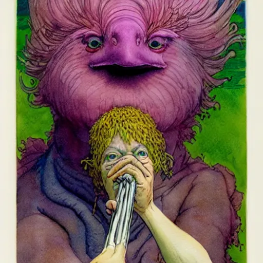 Prompt: a realistic and atmospheric watercolour fantasy character concept art portrait of big bird with pink eyes wearing a wife beater and smoking a huge blunt by rebecca guay, michael kaluta, charles vess and jean moebius giraud