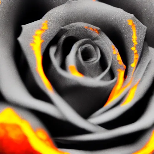 Image similar to award - winning macro of a beautiful black rose made of glowing molten magma