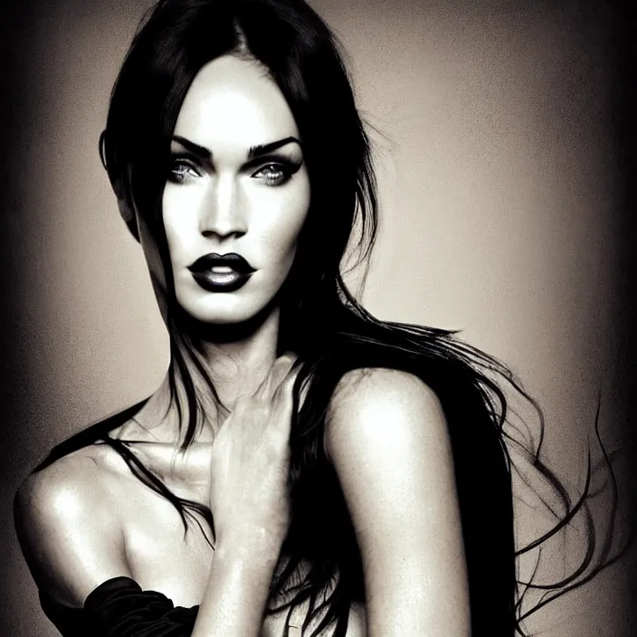 Image similar to photography face portrait of a beautiful woman like megan fox, black and white photography portrait with beautifull oil vivid color painted strokes on top, skin grain detail, high fashion, studio lighting film noir style photography, by nobuyo araki, richard avedon, and paolo roversi, nick knight, hellmut newton,, on a tropical wallpaper exotic patern background