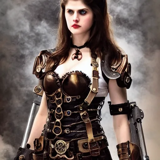 Image similar to full shot photo of alexandra daddario as a steampunk warrior