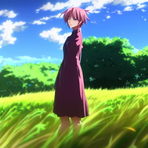 Prompt: portrait of an anime girl standing in the grassy hills, animated by ufotable, ufotable anime quality, 4 k very high quality, very detailed