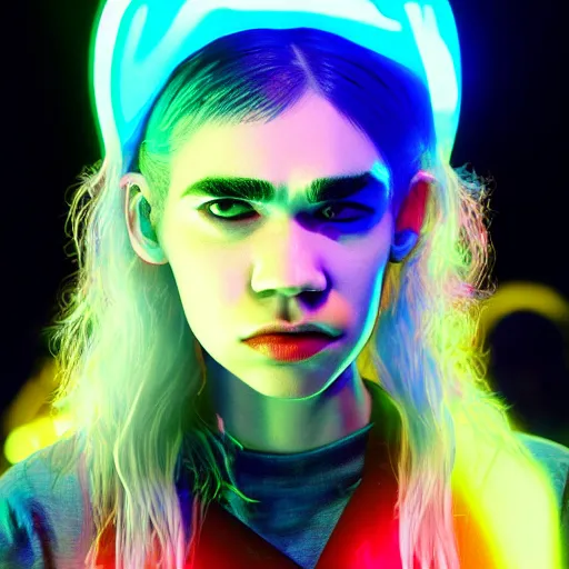 Image similar to grimes on stage djing, volumetric neon lights in the background, gleaming, 3 5 mm photography, portrait!!!!!!, photorealistic facial features, trending on artstation, 4 k, 8 k, zbrush, mannerism