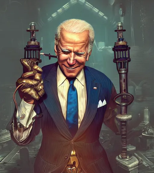 Image similar to joe biden cosplaying bioshock, by wlop, by simon stalengrad, bioshock screenshot, photorealistic fan art, intricate shading, steampunk, patriot