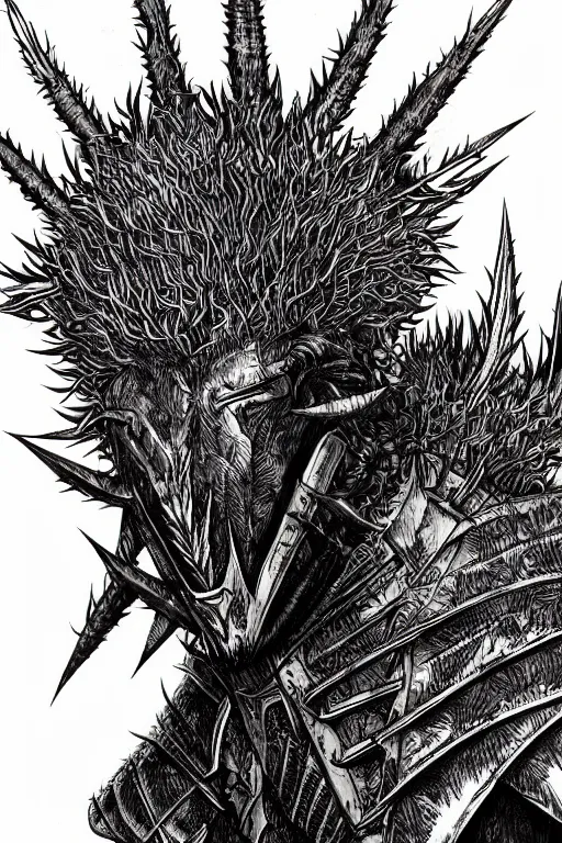 Image similar to thistle humanoid heavily armoured, symmetrical, highly detailed, digital art, needles, thorns, goat horns, sharp focus, trending on art station, kentaro miura manga art style