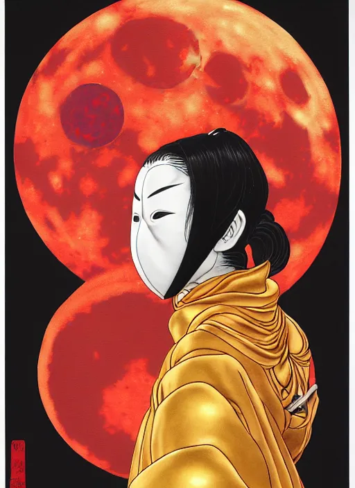 Image similar to portrait of a woman with a mask on his face in the form of a spiral in a golden kimono, full face, against the background of a bright red moon, sad motif, by hisashi eguchi, kentaro miura, and yoshitaka amano, soft colors, futuristic, 8 k