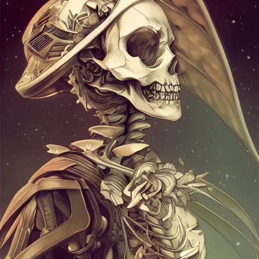 Image similar to anime manga skull profile young woman skeleton, elf, galadriel, astronaut, space, unreal engine, intricate, elegant, highly detailed, digital art, art by JC Leyendecker and sachin teng