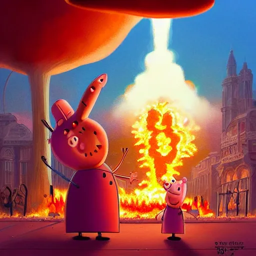 Prompt: Peppa Pig plays in front on a large nuclear explosion that has created a large nuclear mushroom and is totally oblivious to the fact that the city is in flames and everyone die. Elegant, intricate, digital painting, artstation, concept art, smooth, sharp focus, illustration, art by artgerm and greg rutkowski and alphonse mucha