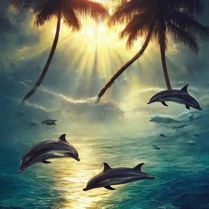 Image similar to dolphins swimming, golden hour, god rays, by artgerm and ruan jia and ismail inceoglu and greg olsen, palm trees, cosmos, milky way galaxy, masterpiece, beautiful, intricate, elegant, highly detailed