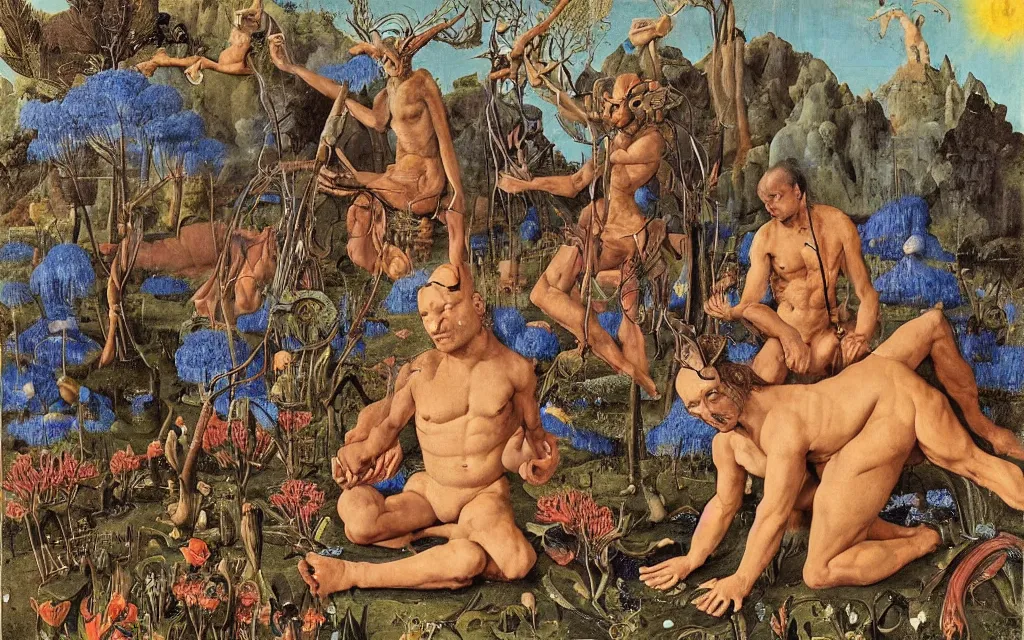 Image similar to a portrait photograph of a meditating satyr and a centaur monk riding a rocket machine and hunting at a river delta. surrounded by bulbous flowers and trees. mountain range under a blue sky of fiery stars. by jan van eyck, max ernst, ernst haeckel, ernst fuchs and artgerm, cgsociety, fashion editorial, 8 k