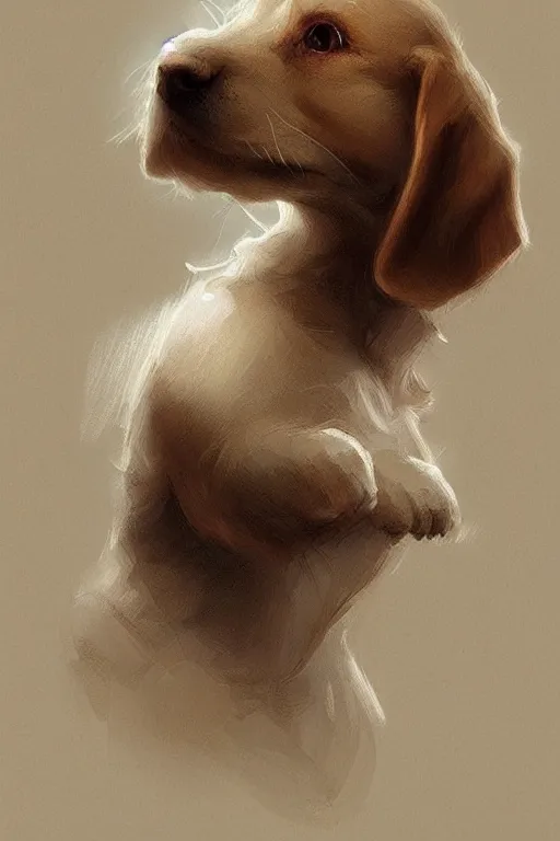 Image similar to cute little puppy, intricate, elegant, highly detailed, digital painting, artstation, concept art, smooth, sharp focus, illustration, art by artgerm and greg rutkowski and alphonse mucha and andrei riabovitchev