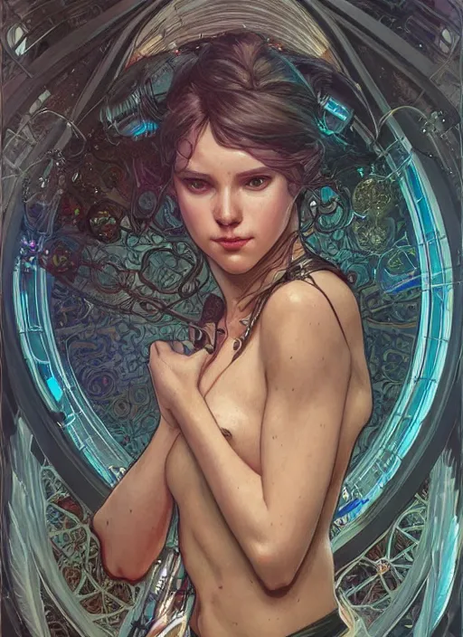 Image similar to beautiful young woman cyberpunk woman, portrait, intricate, elegant, highly detailed, centered, digital painting, artstation, concept art, smooth, sharp focus, illustration, art by artgerm and donato giancola and alphonse mucha