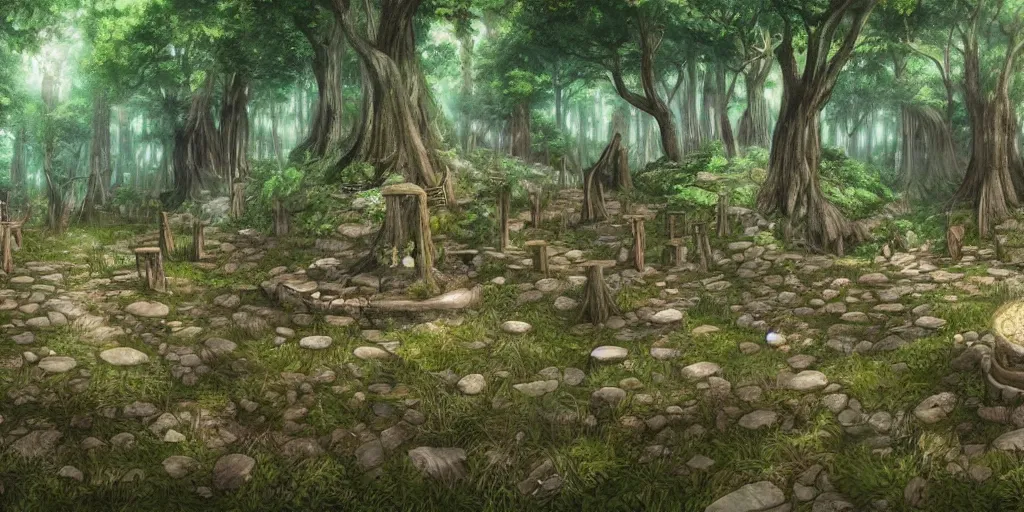 Image similar to a beautiful spiritual forest panorama concept art, with rune stones on the ground, by masanori warugai and kentaro miura