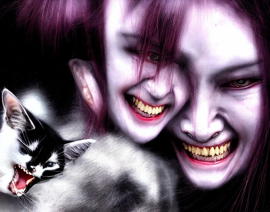 Prompt: portrait of the secretive vampire woman biker loner smiling at her cat, by yoshitaka amano, casey baugh, steve caldwell, gottfried helnwein, yasunari ikenaga, nico tanigawa, and artgerm rendered with 3 d effect.