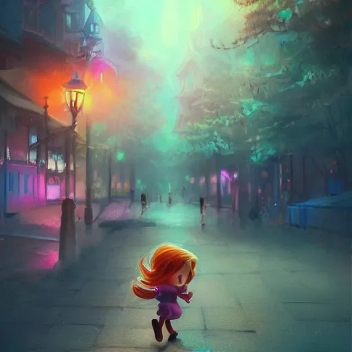 Prompt: beautiful picture of a little girl running down the street, glowing colors, fantasy art, trending on artstation, cgsociety, nice composition, great fantasy mood, classic Disney mood