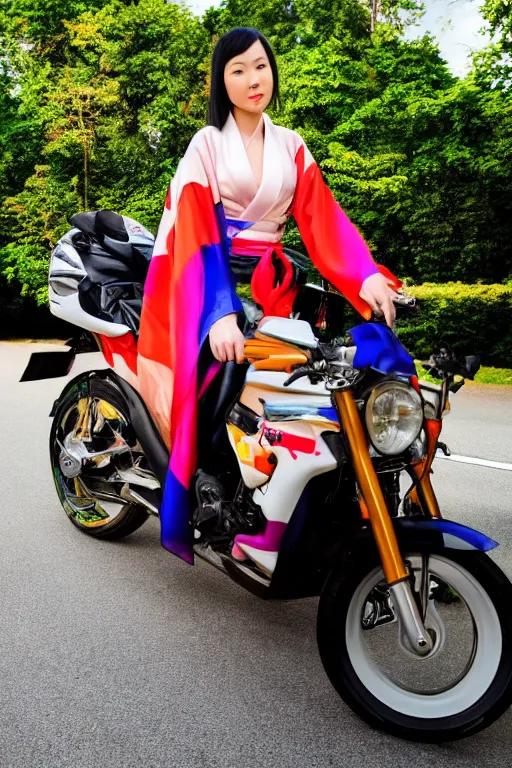 Image similar to full - length photo, young woman, riding a motorcycle, wearing japanese kimono, high heels, 4 k, colourful