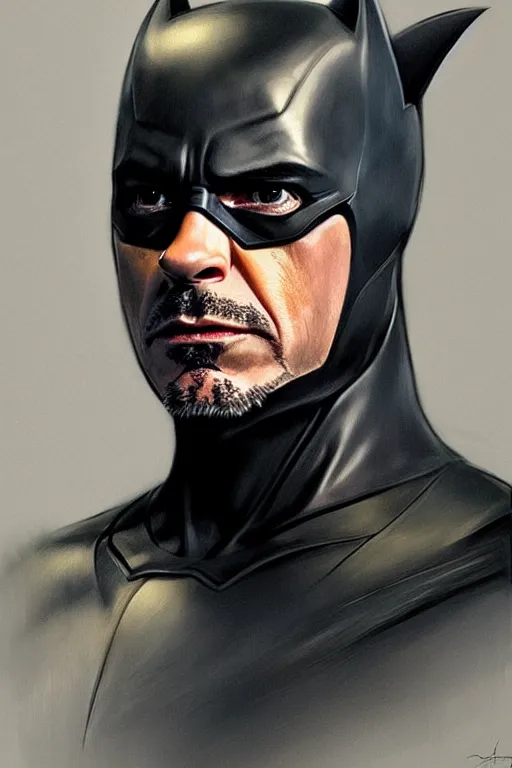 Image similar to robert downey jr as bat man, portrait,, highly detailed, digital painting, artstation, concept art, smooth, sharp focus, illustration, cinematic lighting, art by artgerm and greg rutkowski and alphonse mucha