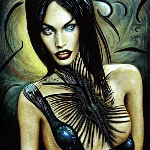 Image similar to surrealism painting of megan fox by tim burton and h. r. giger | horror themed | creepy
